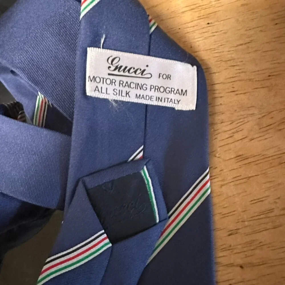 Gucci Silk Tie Logo Mens Gift  Art Necktie Luxury Blue Striped Office Formal Vtg